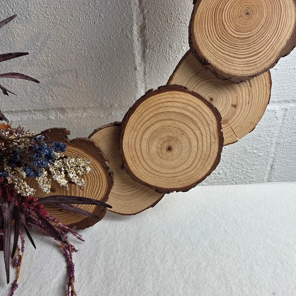 Rustic Fall Wood Slice Wreath with Dried Botanicals and Autumn Leaf Bow